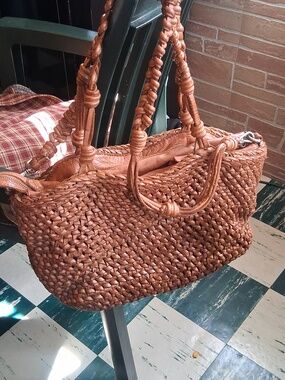 Woven Tan Shoulder Bag with Braided Handles